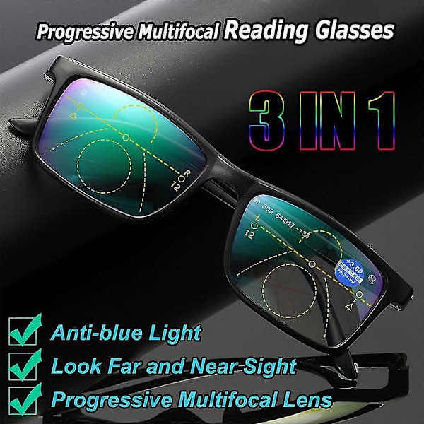 Anti-sinivalolasit progressiivisilla bifokaaleilla - Presbyopia-lukulasit lähelle vahvuus 2.00