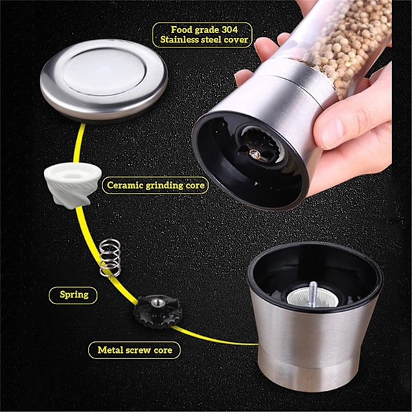 Kvern i rustfritt stål - Justerbar sort pepperkvern, langvarig smakskvern, høy glassblender for pepper, spisskummen, havsalt, mungbønner (Hig