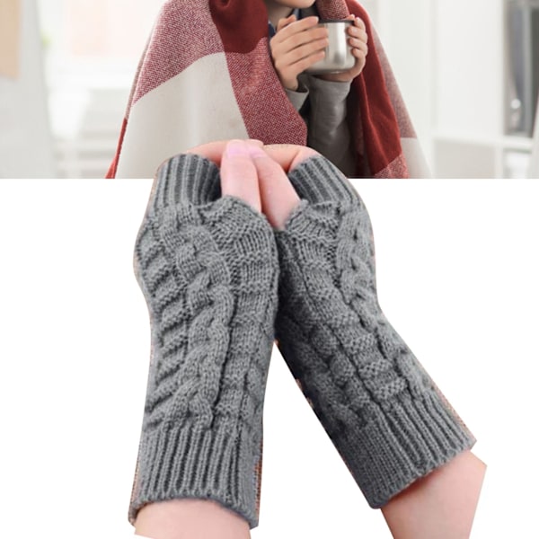 1 par strikkede halvfingerhansker Jacquard akryl varme tykke myke grå hansker for vinter