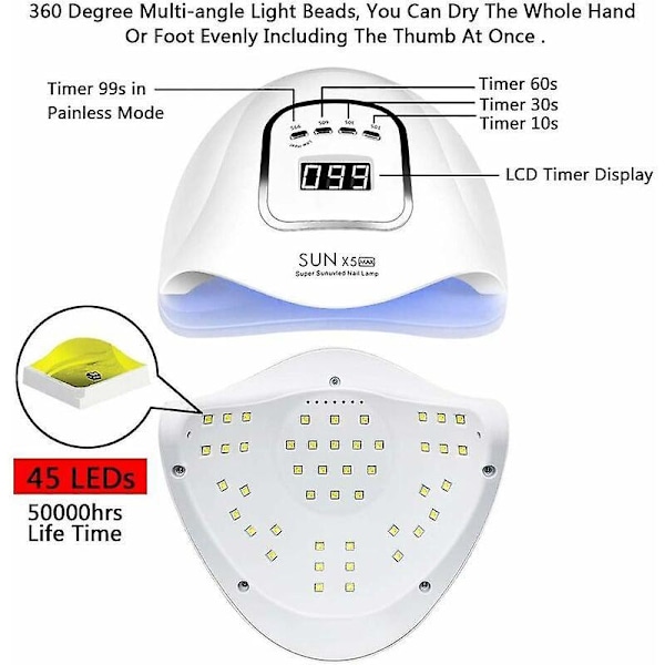 120W UV LED Neglelampe, Professionel Negletørrer Gel Polish Lampe med 4 Timerindstillinger, Auto Sensor LED Gel Negletørrer, LCD Display, -