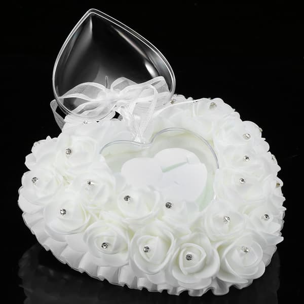 Romantisk hjerteformet gifteringboks Rose Rhinestone dekor ringpute (hvit)