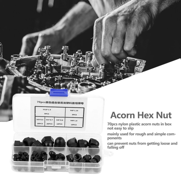 70 st M3/M4/M5/M6/M8/M10 Nylon Acorn Mutter Kit Kupolhuvud Cap (svarta)