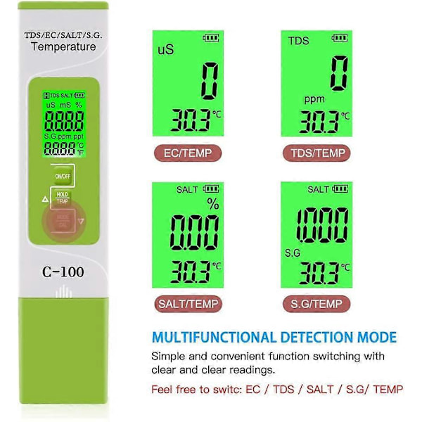5-i-1 Digital Vattenkvalitetstestare för Testning av TDS/EC/Salthalt/SG./Temperatur Hög Noggrannhet, Test för Dricksvatten, Hem, Pool, Akvarium