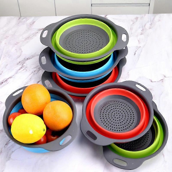 Grönt Hopfällbart Durkslag Set, Runda Silikon Durkslag för Köket Diameter Storlekar 24.5 20 2.5 Cm Perfekt För Att Hälla Av Pasta Grönsaker Frukt