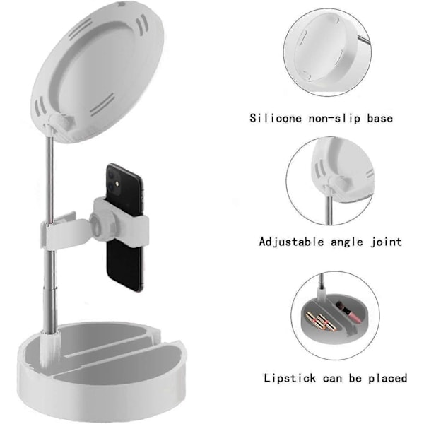 LED Ringlys Sammenleggbart Fyllys med Speil Mobiltelefonholder med 3 Lysmoduser Skalerbar