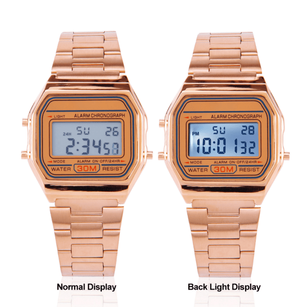 Digital LED-baggrundslys Elektronisk ur med rem i rustfrit stål Rektangelarmbåndsur (roseguld) Rose Gold