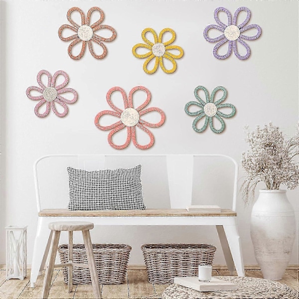 6 st Boho Barnrumsinredning, Tusensköna Blomma Vävd Makramé Väggbonad, 3 Storlekar Bohemisk Väggdekor Tusensköna Barnrumsinredning för Barn Barnrum Sovsal Väggkonst