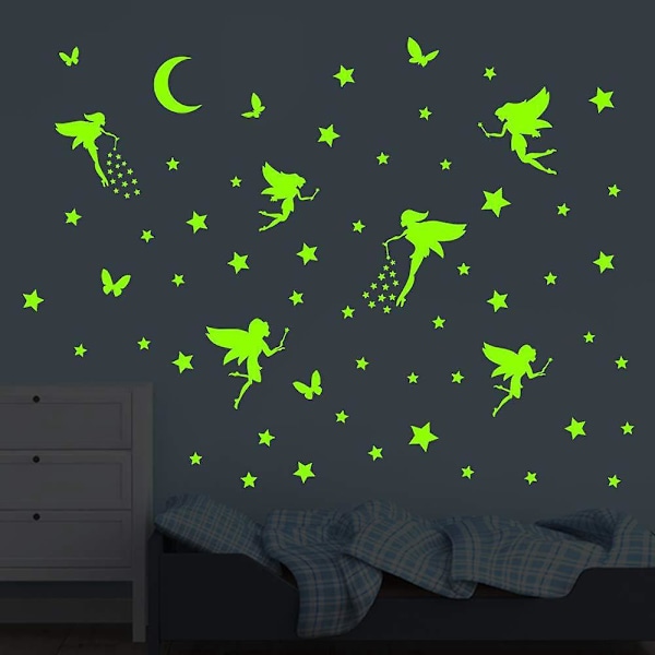 Glow in the Dark Stjerner og Måne Vægklistermærker - Sæt med 4, Perfekt til Drenge og Piger Soveværelser, Fairy Elf Lysende Vægdekoration