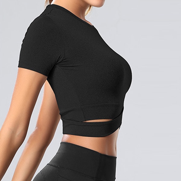 Kvinnors sport gym topp midja kors smal passform kortärmad träningstopp besättning hals fitness tank top för yoga löpning svart S
