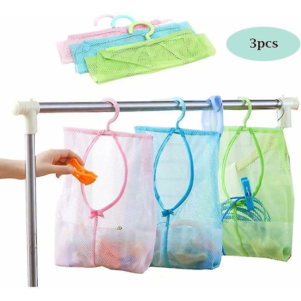 Hengende oppbevaringspose, krokpose, netting hengende nettpose, klesklypepose 3 stk. (tre farger)