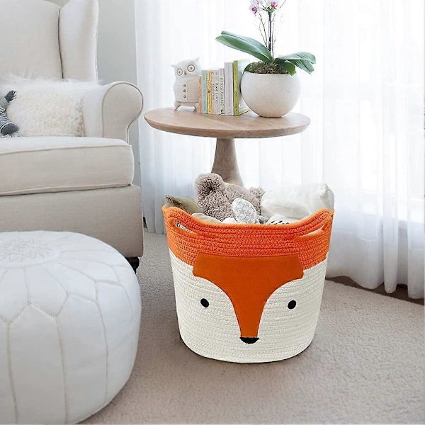 Tvättkorg i bomullsrep, Orange Räv Vikbara Förvaringskorgar Söt Djurleksakskorg med Handtag för Barnkläder Sovrumsdekoration (35CM x 28CM)