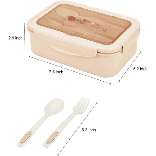 Madkasse, Lækagesikker Bento Boks til Børn og Voksne, Madbeholder med 3 Rum og Bestiksæt, BPA Fri