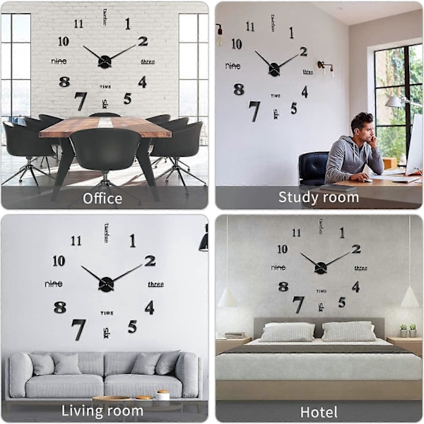 Passende Moderne Design Vægur Stille og Tik-Fri 3D Rammeløst Vægur til Soveværelse Køkken