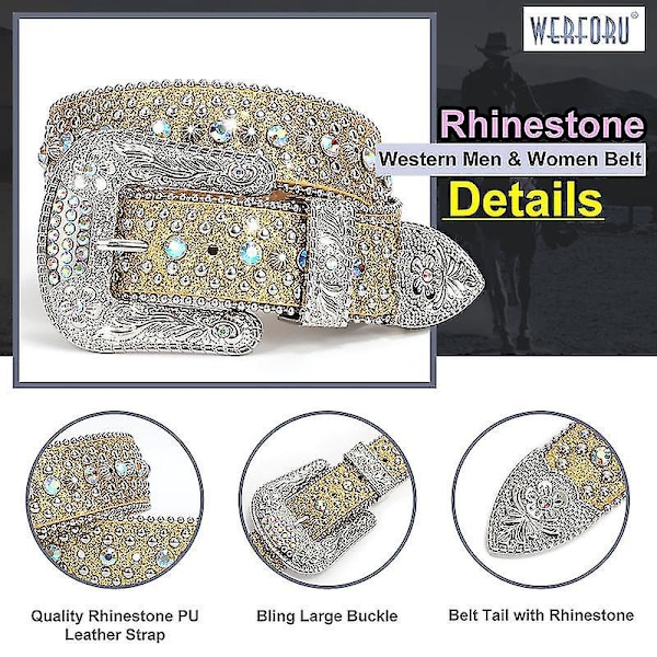 Nittet Rhinestone Læderbælte til Western Cowboy Cowgirl Jeans 105cm(41Inch) Gylden