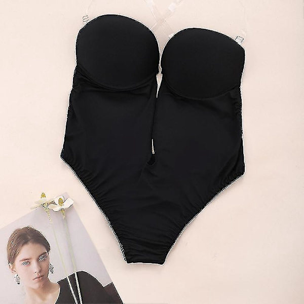 Dyb V-udskæring, stropløs, backless bodysuit shapewear til kvinder - Sort