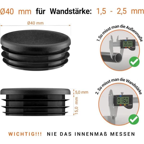 Päätytulpat 40 mm pyöreille putkille, 4 kappaletta, musta