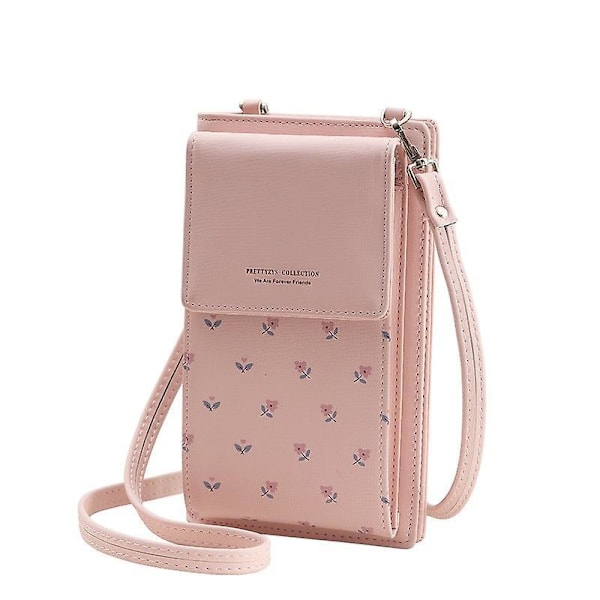 Kvinners skinn crossbody telefonveske - Mini mobilpung med myntlomme, skulderstropp og kortspor (rosa)