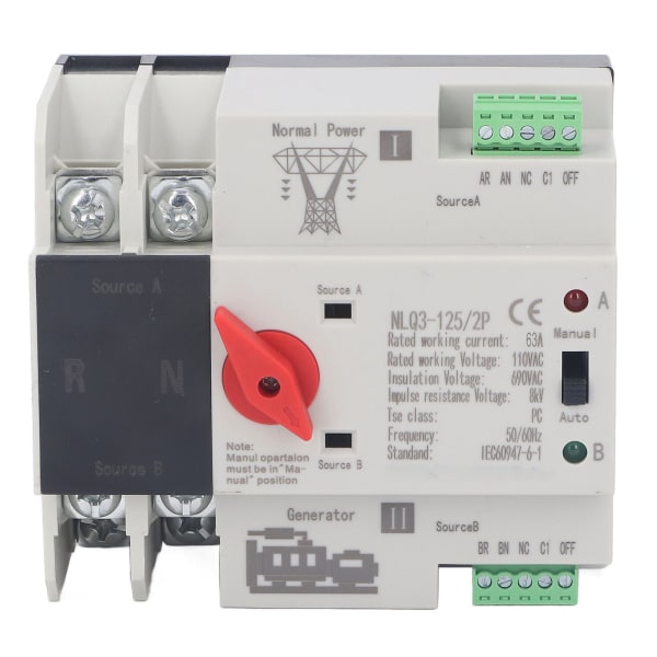 2P Dubbel Automatisk Transfer Switch Generator Transfer Omkopplingsbrytare AC110V 50Hz 60Hz 63A