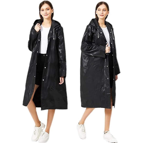 Poncho, 2 stk. sort genanvendelig regnslag poncho, regn poncho til mænd og kvinder, voksen regnslag med hætte vandreture camping regntilbehør
