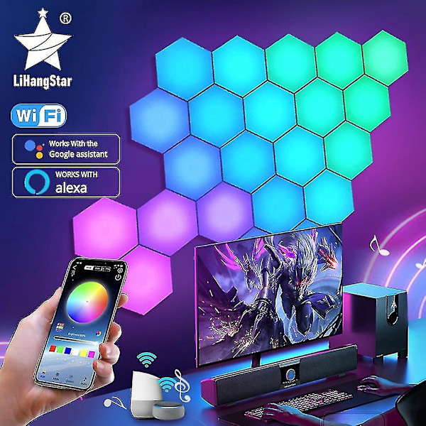 Bluetooth RGB LED Hexagon Vegglyssett for Innendørs Dekorasjon - Appstyrt Nattelys for Dataspillrom, Soverom og Sengerand (3-pakning)