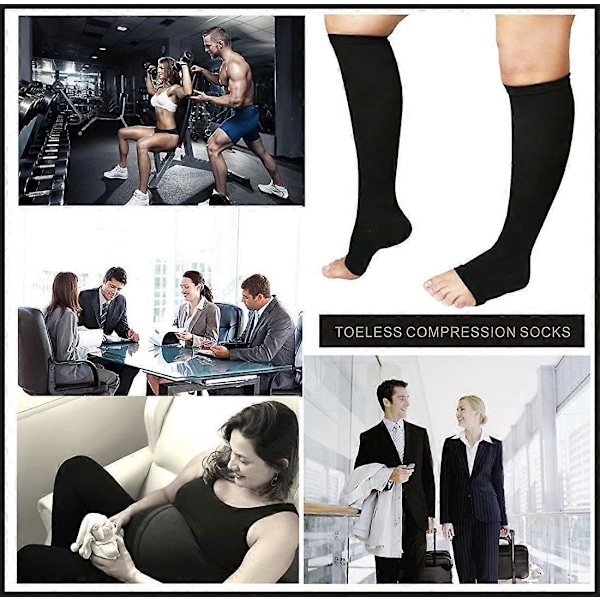 Kompresjonsstrømper uten tå, 3 par, 15-20 mmHg støtte, graviditet, løping, sport, flyreiser (Svart, Small-Medium)