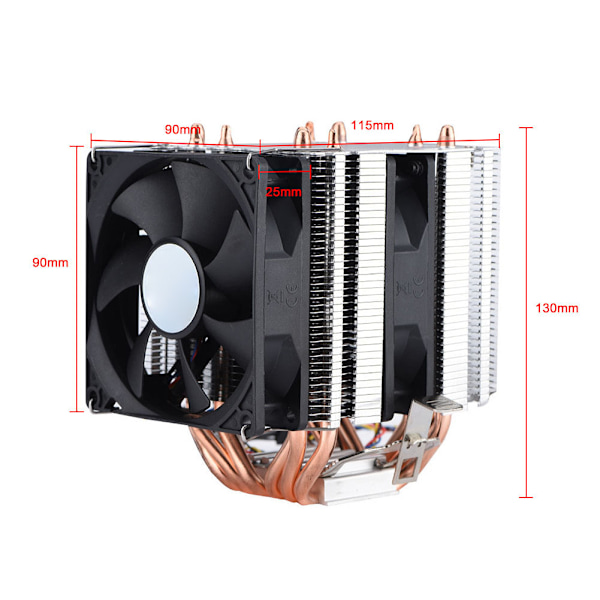 Tyst 4-stifts CPU-kylare med 6 värmerör, dubbeltorns luftkylning, 800-2200 varv/minut
