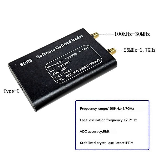 SDR6 RTL-SDR Mottaker 100KHz-1.7GHz SDR Programvare Signalmottaker