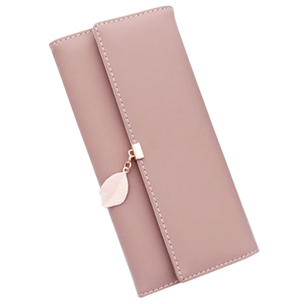 Dam plånbok lång plånbok trifold PU stor kapacitet med bladhänge bärbar korthållare plånbok för vuxna dagligen rosa