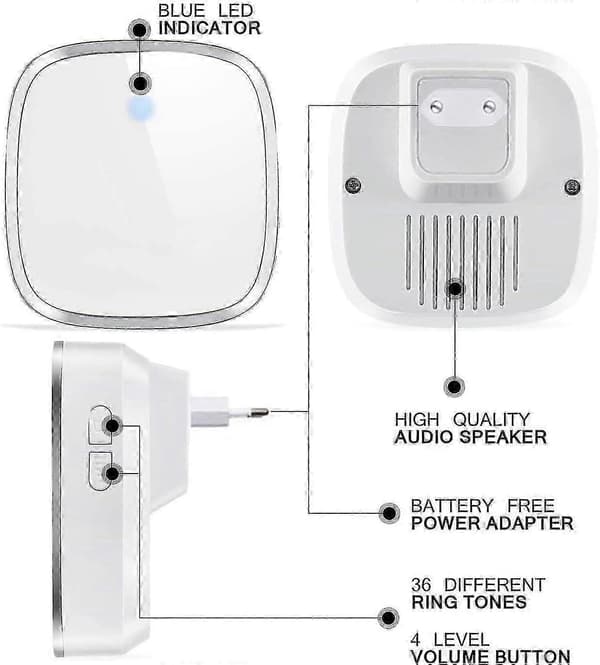 Wireless Doorbell, 300m Range, 36 Ringtones, 4 Volume Levels, 1 Transmitter & 2 Receivers