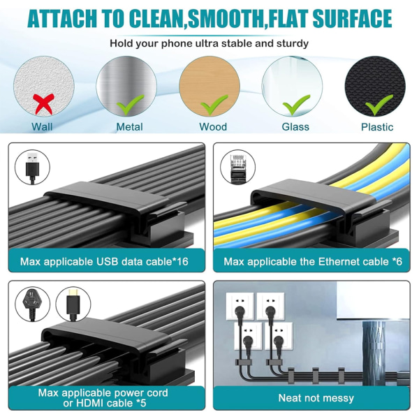 Selvklæbende styring i 10 stykker, support, holdbare administrationsklips til tv, pc, bærbar computer, Ethernet-kabel, hjem, kontor (sort)