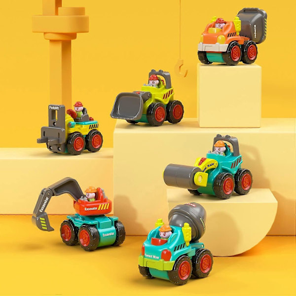 Mini Byggekøretøj Legesæt til Småbørn - Dumper, Gravemaskine, Bulldozer, Cementblander, Gaffeltruck, Vejtromle, Byggekøretøj Legetøj til Drenge