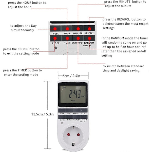 Digital Smart Energi Besparende Timer Stik Flammehæmmende Høj Effekt Timing Strømstik Smart Timer Switch med (220-240V EU Stik)