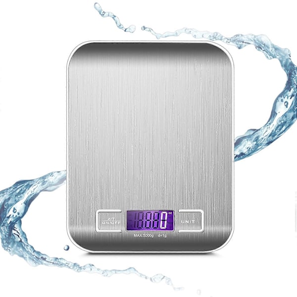 5 kg digital köksvåg med bakgrundsbelyst LCD-display tillverkad av slitstarkt och elegant rostfritt stål som väger mat i gram, pund, milliliter