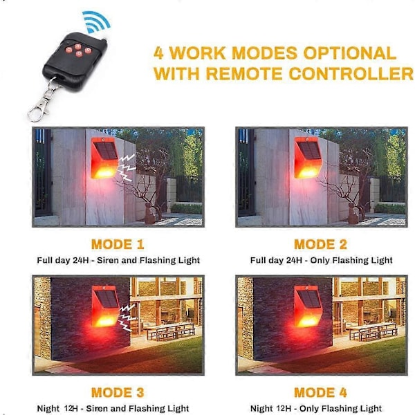 Solar Stroboskoplampa med Rörelsesensor Achort IP65 Vattentät LED Solar Alarmdetektor med Fjärrkontroll, 129db Ljud Säkerhet Vattentät Siren för H