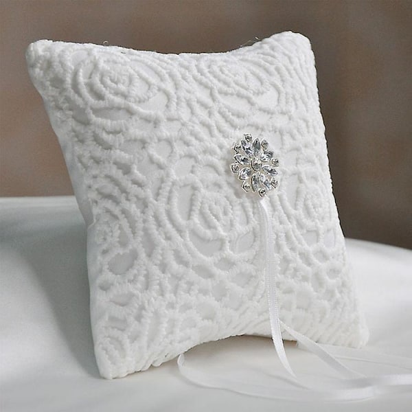 Blomster Rhinestone Lace Bryllupsring Pute Hvit Puteholder 6x6 Tommer