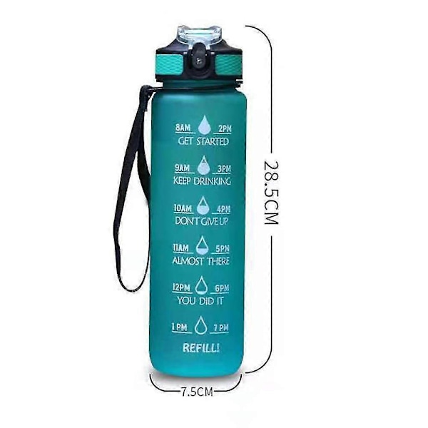 1000 ml:n vesipullot juoma-ajoilla ja pillillä, motivoiva vesipullo aikamerkinnällä, Tritan & BPA-vapaa, sininen