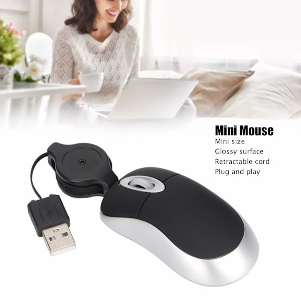 Mini Mus - Stilig, blank overflate, 68 cm innfellbar kabel, Plug and Play, bærbar, bred kompatibilitet
