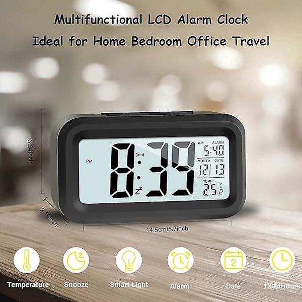 LCD Digital Väckarklocka, Reseväckarklocka med Datum och Temperatur Snooze-funktion, Tick-fri Digital Klocka för Sovrum, Hemmakontor