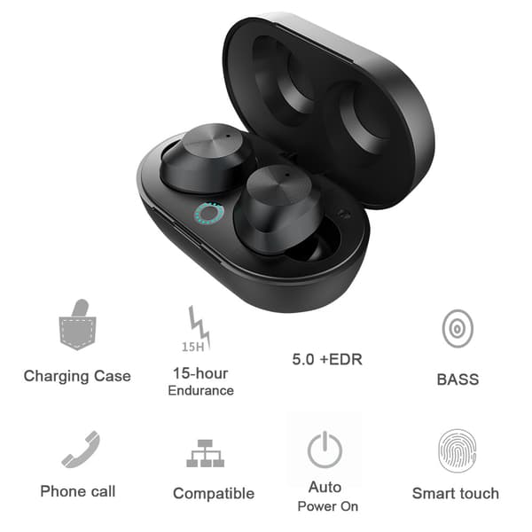 TWS-9 Touch Vandtæt Trådløst Bluetooth 5.0 Headset Opladning HD Høretelefon Sort
