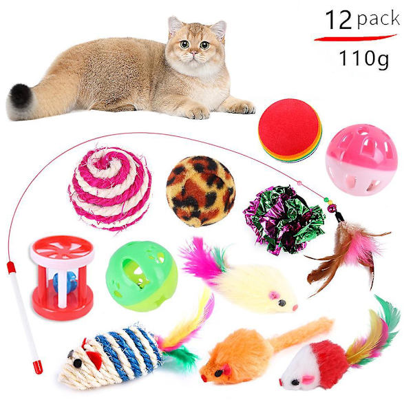Set med 12 kattleksaker, slumpmässig färg och stil
