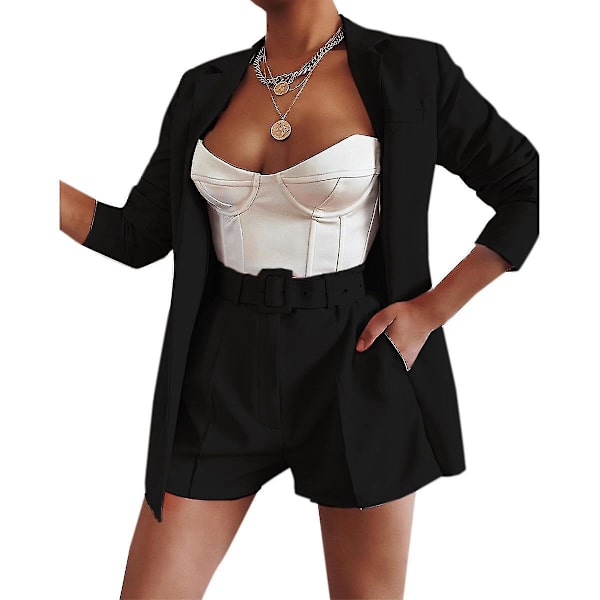Slim Fit Dame 3-Delers Blazersett med Bukse og Belte XL Svart