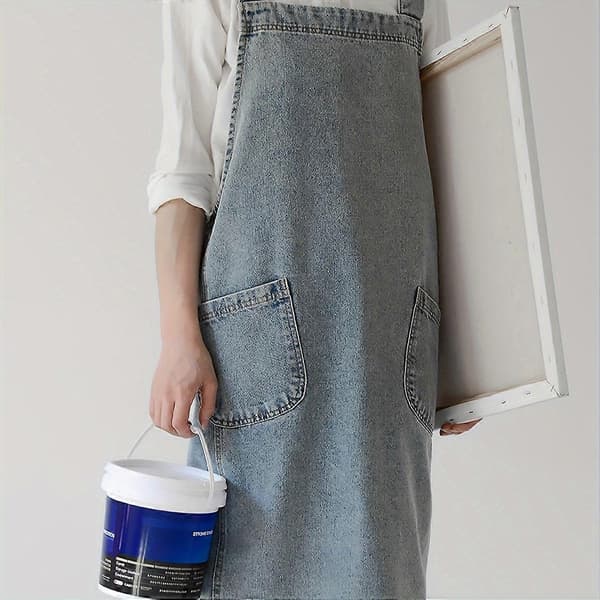 1 st Japansk koreansk stil rent bomulls canvas denimförkläde, tvättbart köksförkläde, arbetskläder, köksförkläde med framfickor, kökstillbehör Deep Blue