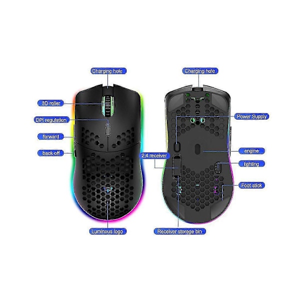 Trådløs Gaming Mus, Computermus med Honeycomb Skal, Ergonomisk-farve:sort-farve:sort