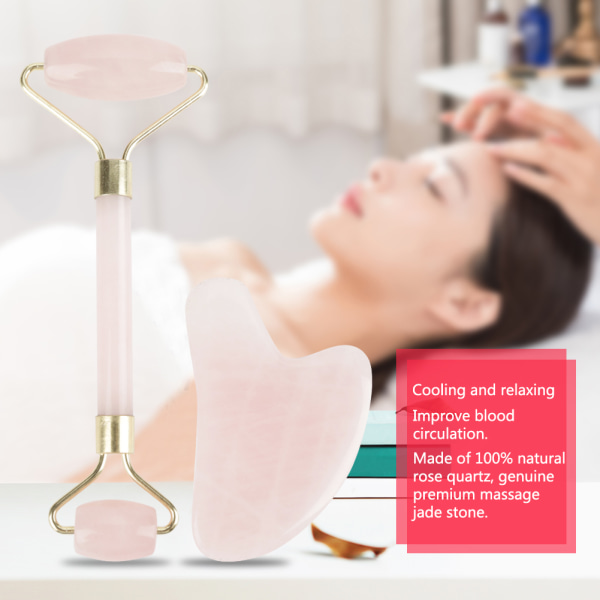 Luonnollinen Double Head Rose Quartz Jade Stone Roller & Scrapping Plate Face Hierontatyökalusarja
