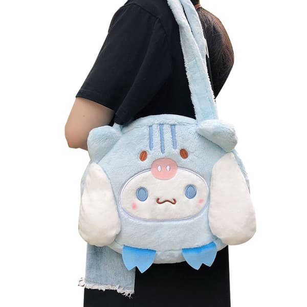 Efterår Vinter Plys Underarmstaske Søde Bløde Piger JK Uniform Fluffy Skuldertaske Kvinder Tote Blå Hund