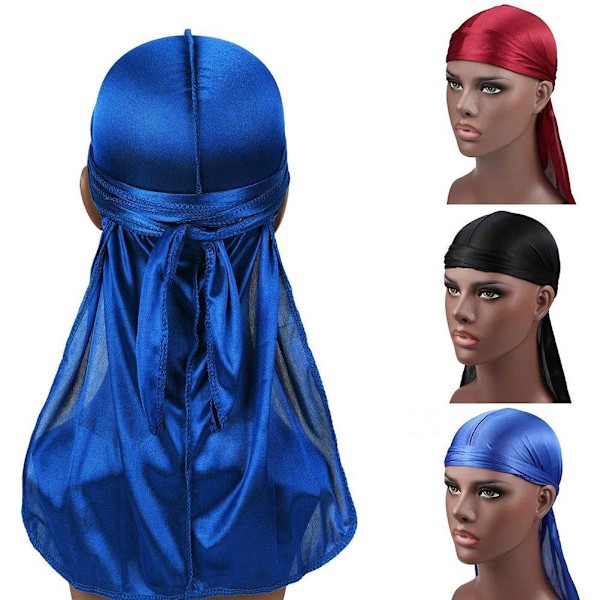 3 kappaletta pehmeää silkkistä Durag-pantaa pitkällä hännällä miehille, pyöräilijöiden päähine pipohatulla