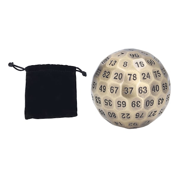 100-sidig polyhedral tärning i metall, 5 cm i diameter, lättläst, med sammetspåse, för personer över 14 år, mässingsfärg