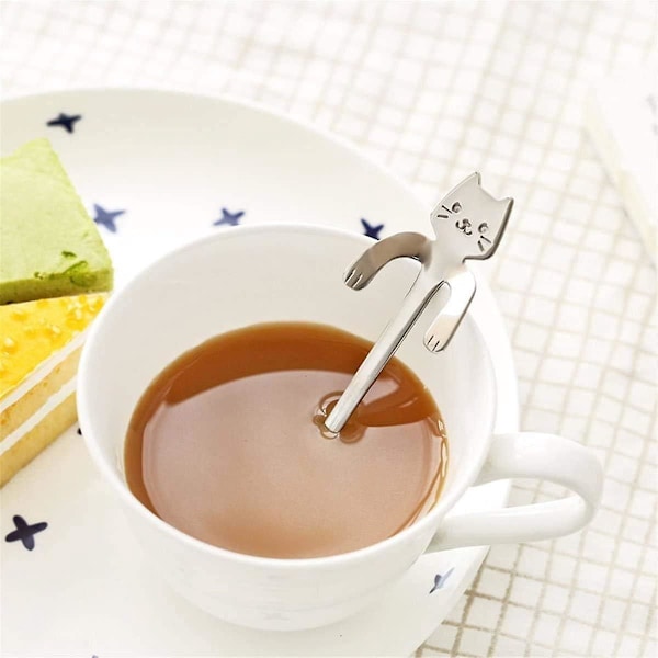 6 stk. 304 rustfrit stål kat teske, kat hængende design teske dessert ske, bruges til vand te mælk kaffe dessert drik