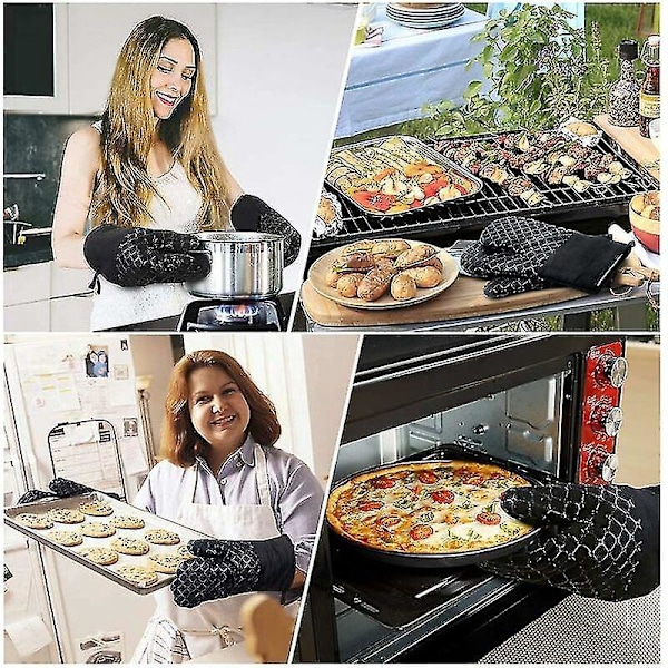 Grydelapper, 4 stk. Grydelapper med skridsikker, varmebestandig grydelappemåtte, ovnhandske til grill, madlavning, bagning, mikroovn med silikonebørste (