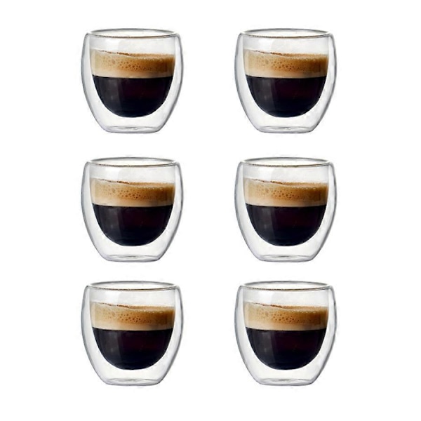 6 stk. 80 ml dobbeltlags glass kaffekoppsett for å drikke te, drikke